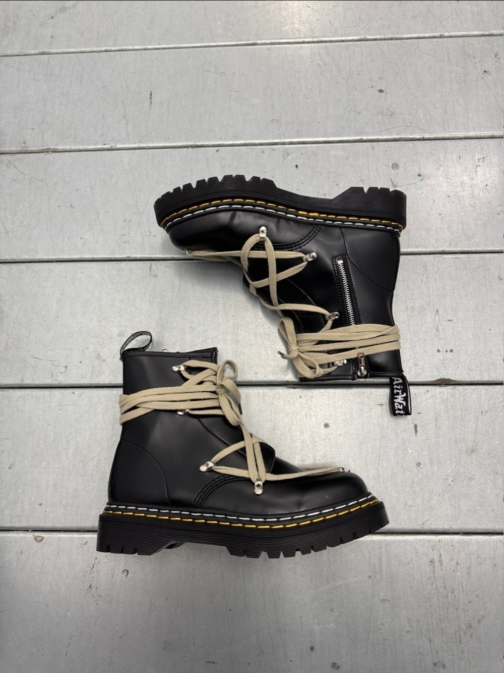 Rick Owens Black Leather Combat Boots with Cream Laces